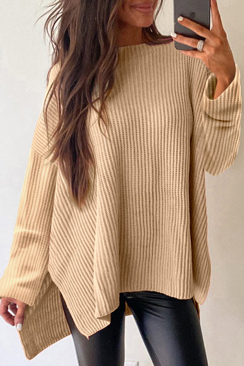 Oversized Ribbed Knit High Low Hem Pullover Sweater