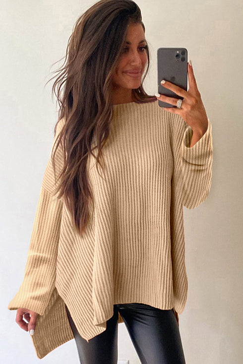 Oversized Ribbed Knit High Low Hem Pullover Sweater