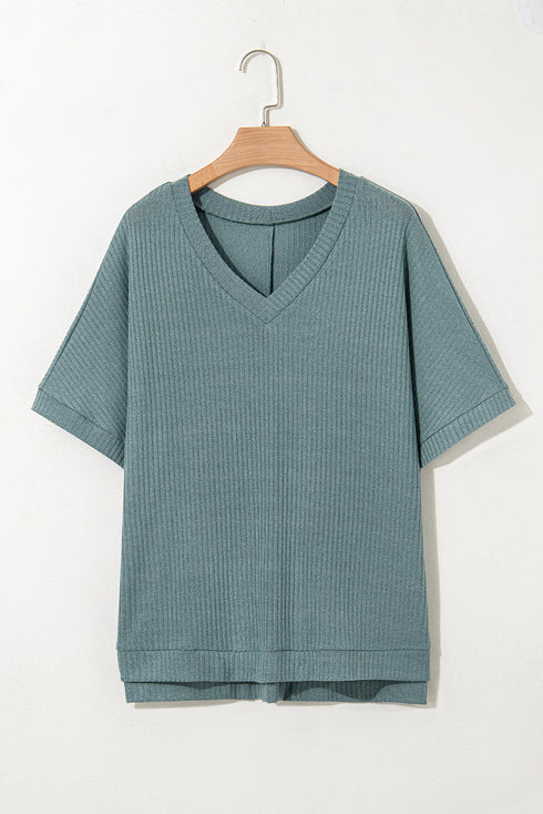 Oversized Ribbed Knit V Neck Dolman Short Sleeve Poncho Top