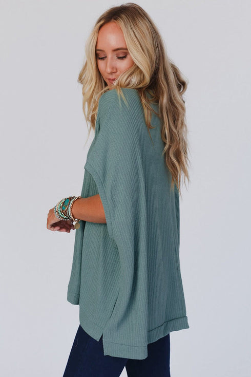 Oversized Ribbed Knit V Neck Dolman Short Sleeve Poncho Top