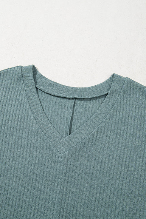 Oversized Ribbed Knit V Neck Dolman Short Sleeve Poncho Top