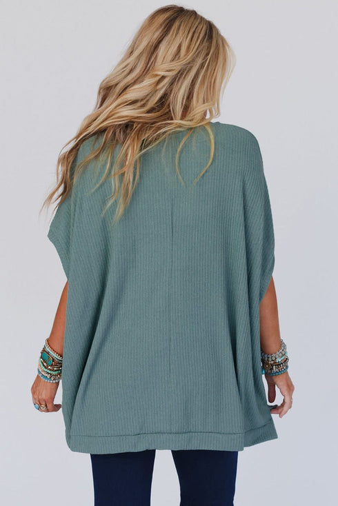Oversized Ribbed Knit V Neck Dolman Short Sleeve Poncho Top