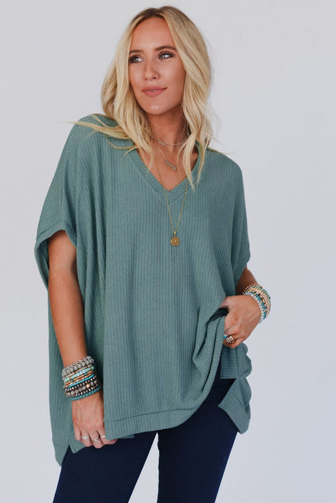Oversized Ribbed Knit V Neck Dolman Sleeve Top