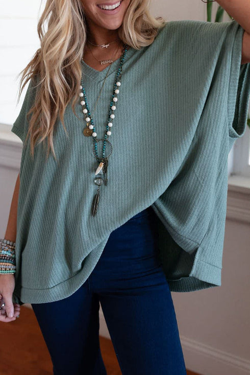 Oversized Ribbed Knit V Neck Dolman Sleeve Top