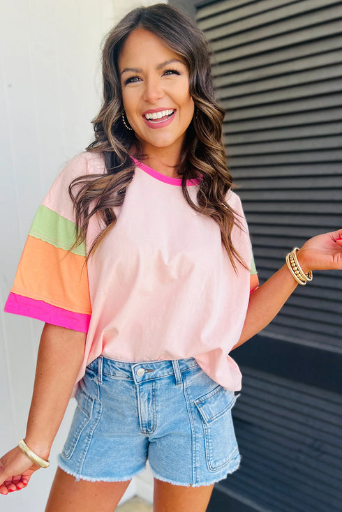 Oversized Round Neck Spliced Sleeve Cotton Blend Top