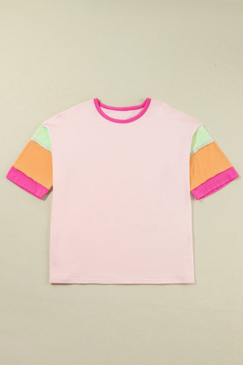 Oversized Round Neck Spliced Sleeve Cotton Blend Top