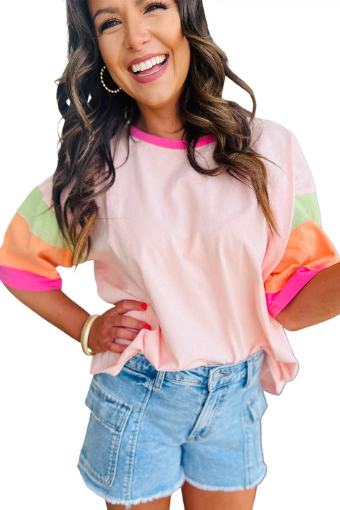 Oversized Round Neck Spliced Sleeve Cotton Blend Top