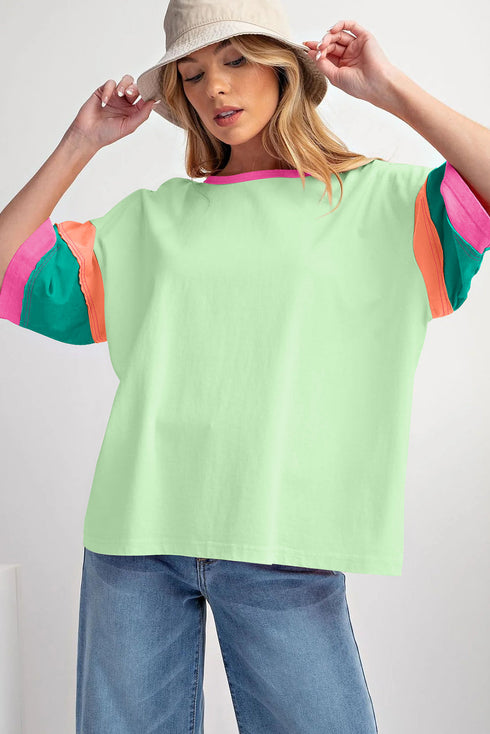 Oversized Round Neck Spliced Sleeve Cotton Blend Top