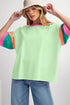 Oversized Round Neck Spliced Sleeve Cotton Blend Top