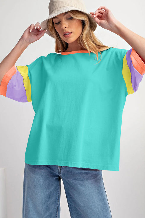Oversized Round Neck Spliced Sleeve Cotton Blend Top