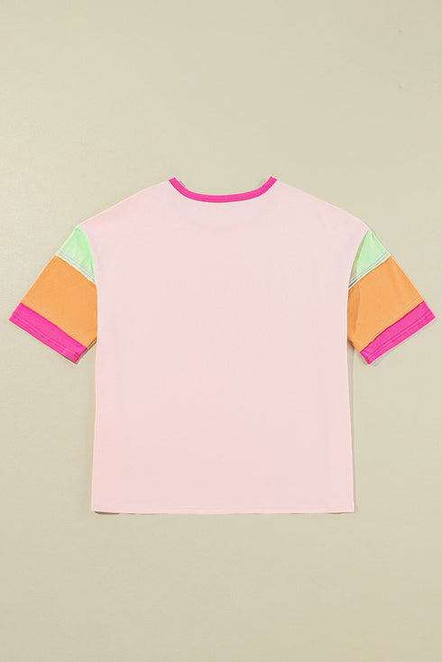 Oversized Round Neck Spliced Sleeve Cotton Blend Top