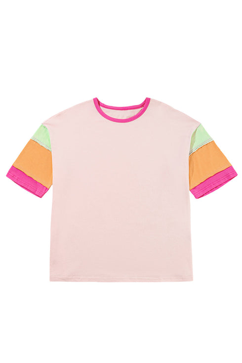 Oversized Round Neck Spliced Sleeve Cotton Blend Top