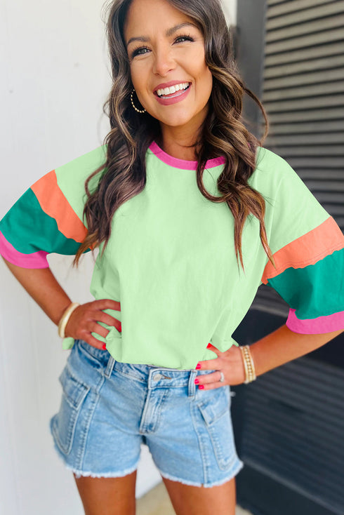 Oversized Round Neck Spliced Sleeve Cotton Blend Top