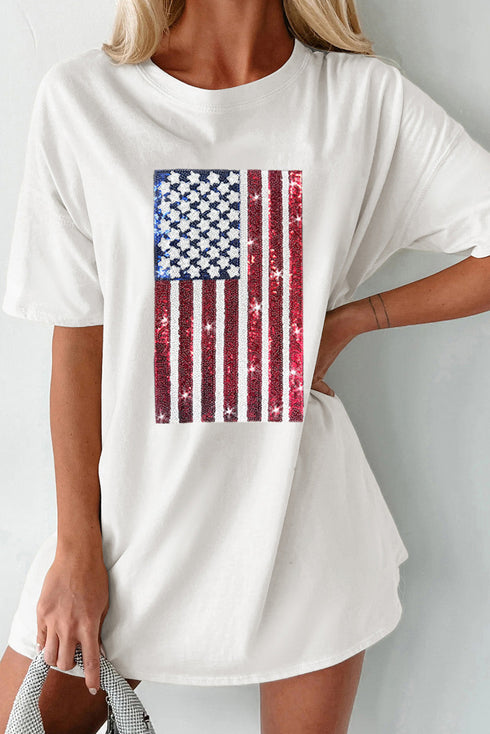 Oversized Sequin Flag Graphic Crewneck Cotton Tee