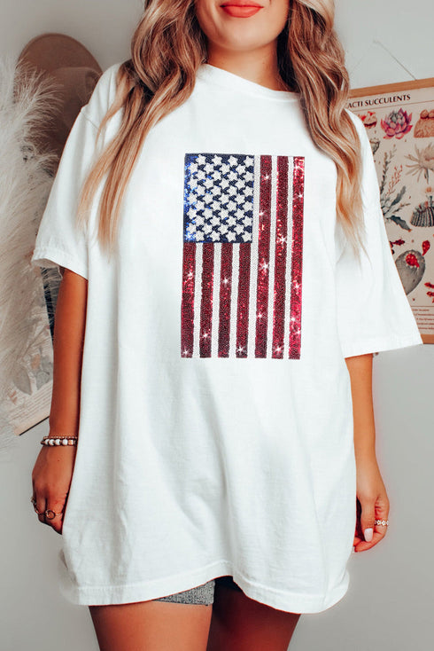 Oversized Sequin Flag Graphic Crewneck Cotton Tee