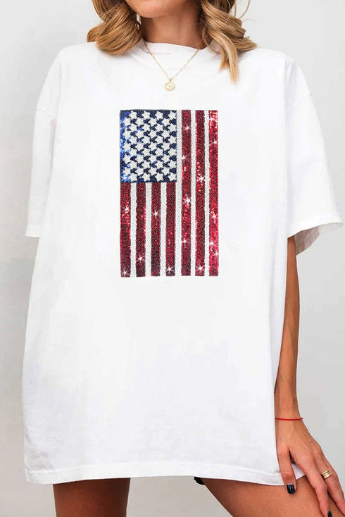 Oversized Sequin Flag Graphic Crewneck Cotton Tee