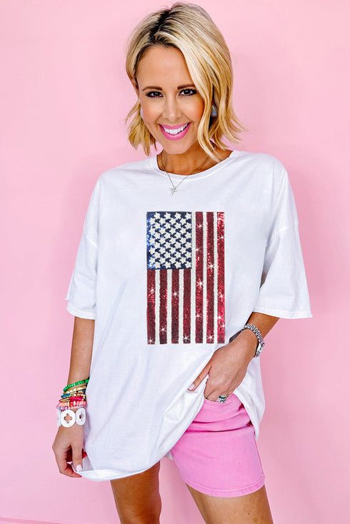 Oversized Sequin Flag Graphic Crewneck Cotton Tee