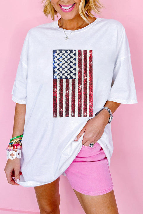 Oversized Sequin Flag Graphic Crewneck Cotton Tee