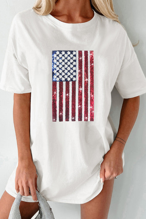 Oversized Sequin Flag Graphic Crewneck Cotton Tee