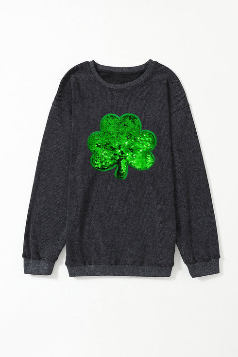 Oversized Sequin Shamrock Graphic Corded Pullover Sweatshirt