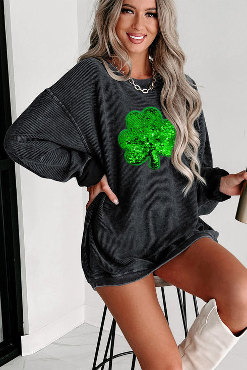Oversized Sequin Shamrock Graphic Corded Pullover Sweatshirt