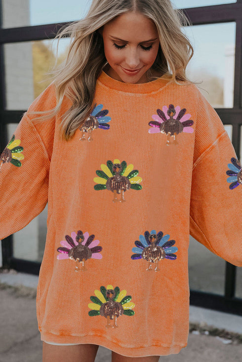 Oversized Sequin Turkey Corduroy Pullover Sweatshirt