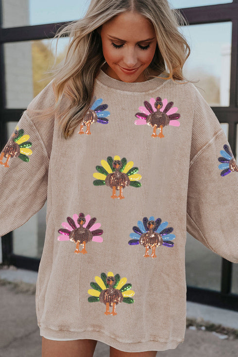 Oversized Sequin Turkey Corduroy Pullover Sweatshirt