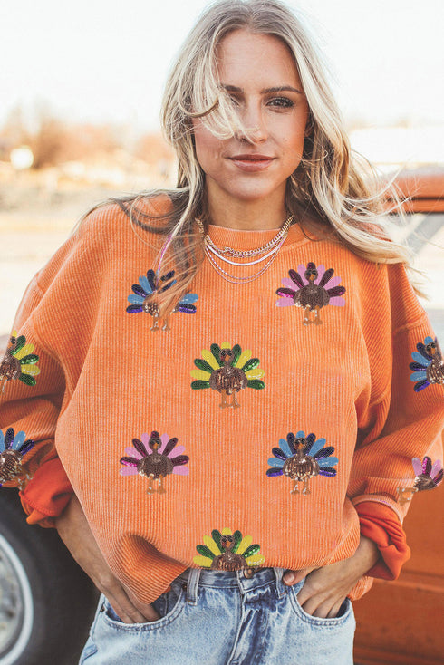 Oversized Sequin Turkey Corduroy Pullover Sweatshirt