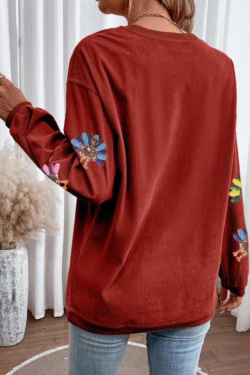 Oversized Sequin Turkey Corduroy Pullover Sweatshirt