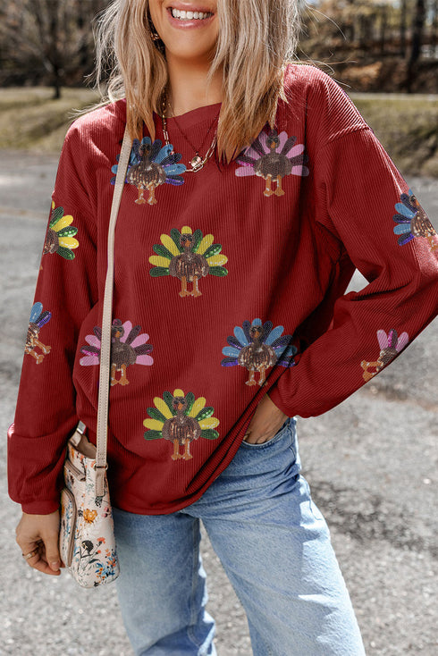 Oversized Sequin Turkey Corduroy Pullover Sweatshirt
