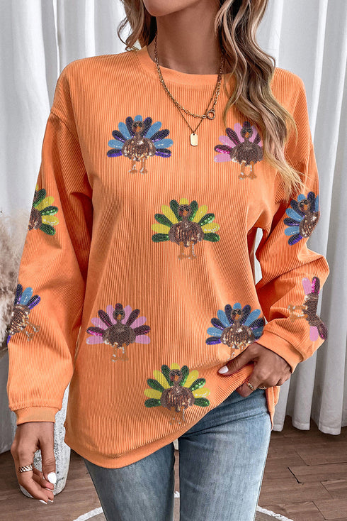 Oversized Sequin Turkey Corduroy Pullover Sweatshirt
