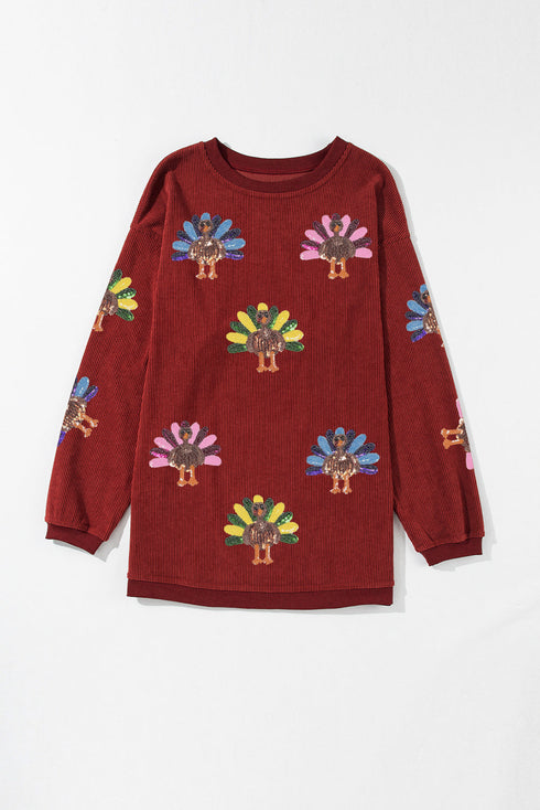 Oversized Sequin Turkey Corduroy Pullover Sweatshirt