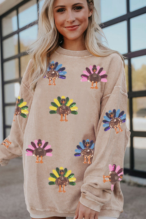 Oversized Sequin Turkey Corduroy Pullover Sweatshirt