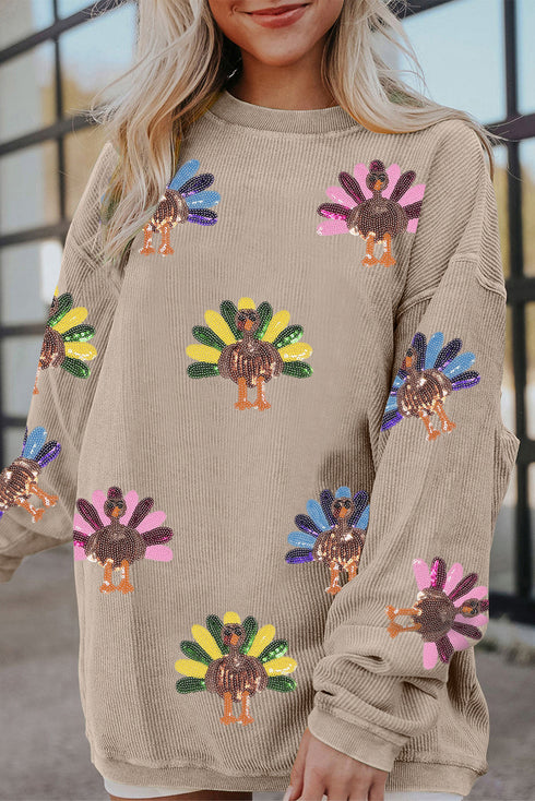 Oversized Sequin Turkey Corduroy Pullover Sweatshirt