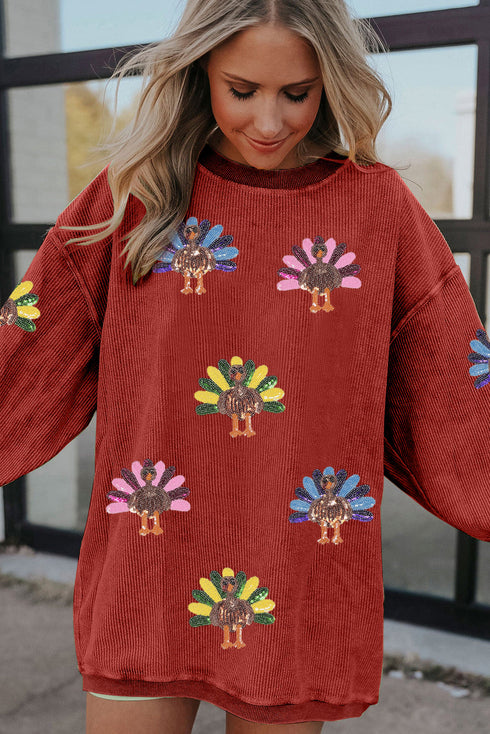 Oversized Sequin Turkey Corduroy Pullover Sweatshirt