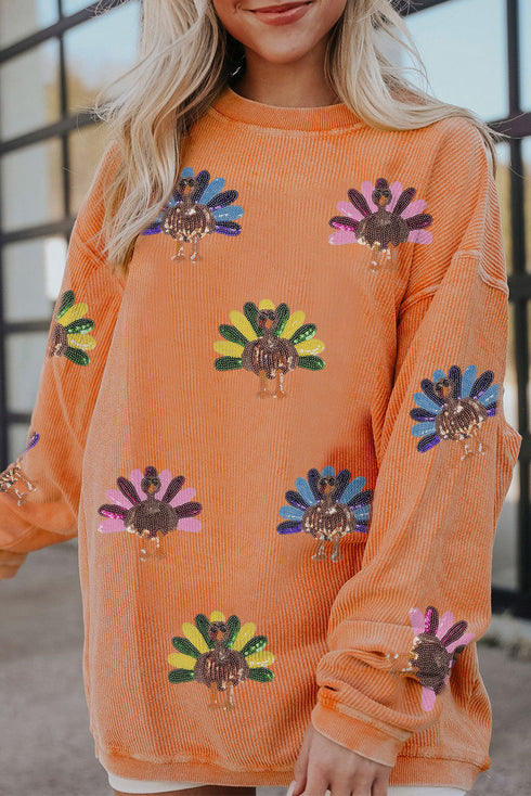 Oversized Sequin Turkey Corduroy Pullover Sweatshirt