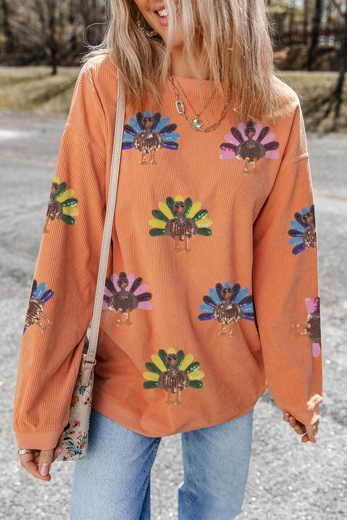 Oversized Sequin Turkey Corduroy Pullover Sweatshirt
