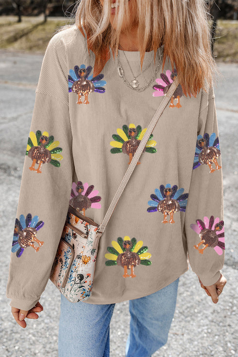 Oversized Sequin Turkey Corduroy Pullover Sweatshirt