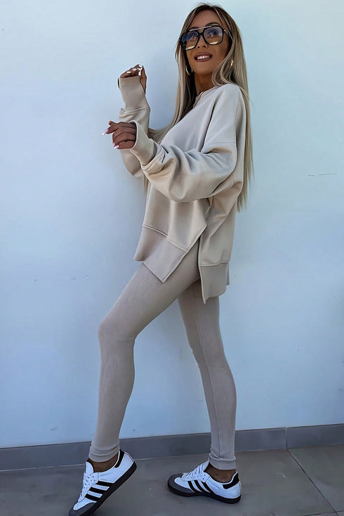 Oversized Side Slit Sweatshirt Ribbed Legging Pant Set