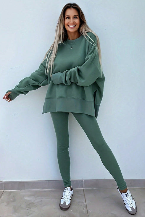 Oversized Side Slit Sweatshirt Ribbed Legging Pant Set