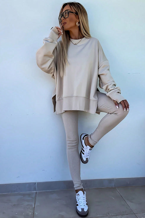 Oversized Side Slit Sweatshirt Ribbed Legging Pant Set