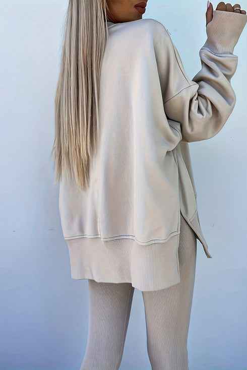 Oversized Side Slit Sweatshirt Ribbed Legging Pant Set