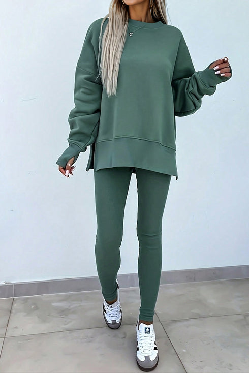 Oversized Side Slit Sweatshirt Ribbed Legging Pant Set