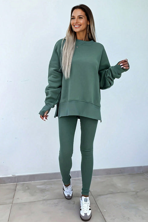 Oversized Side Slit Sweatshirt Ribbed Legging Pant Set