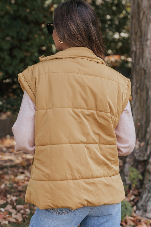 Oversized Stand Collar Zip Front Quilted Vest