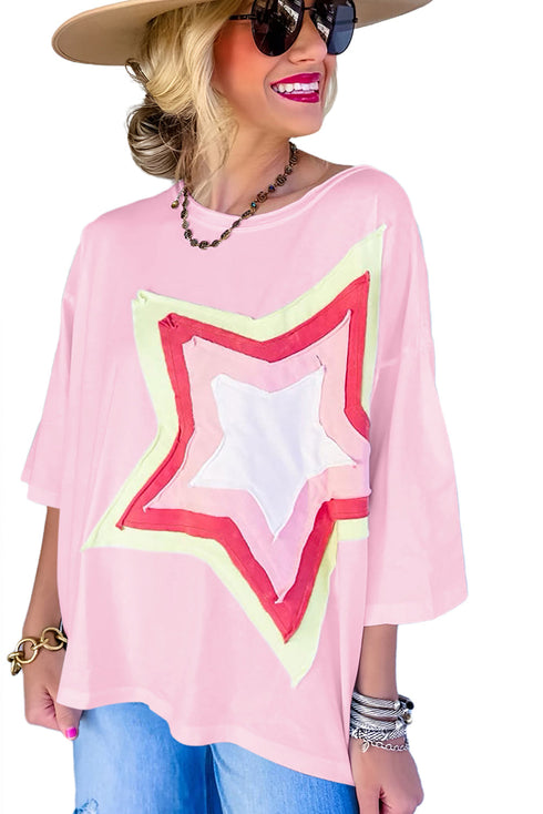 Oversized Star Applique Half Sleeve Drop Shoulder Cotton Tee