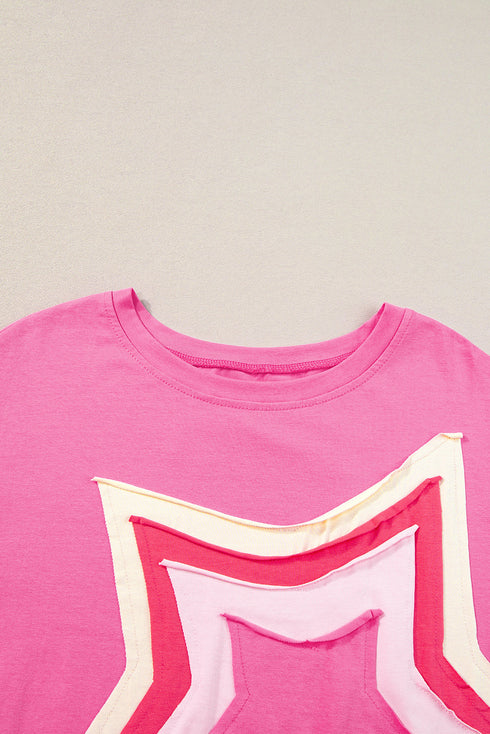 Oversized Star Applique Half Sleeve Drop Shoulder Cotton Tee
