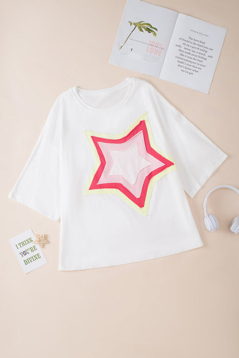 Oversized Star Applique Half Sleeve Drop Shoulder Cotton Tee