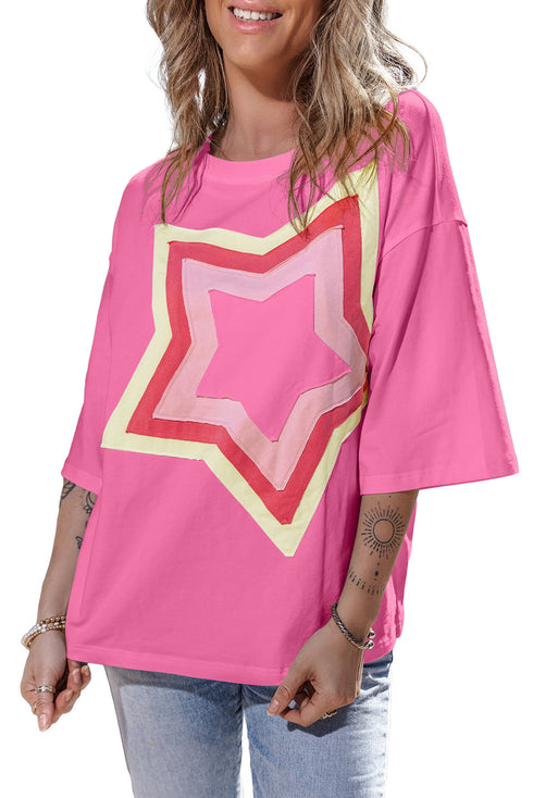 Oversized Star Applique Half Sleeve Drop Shoulder Cotton Tee