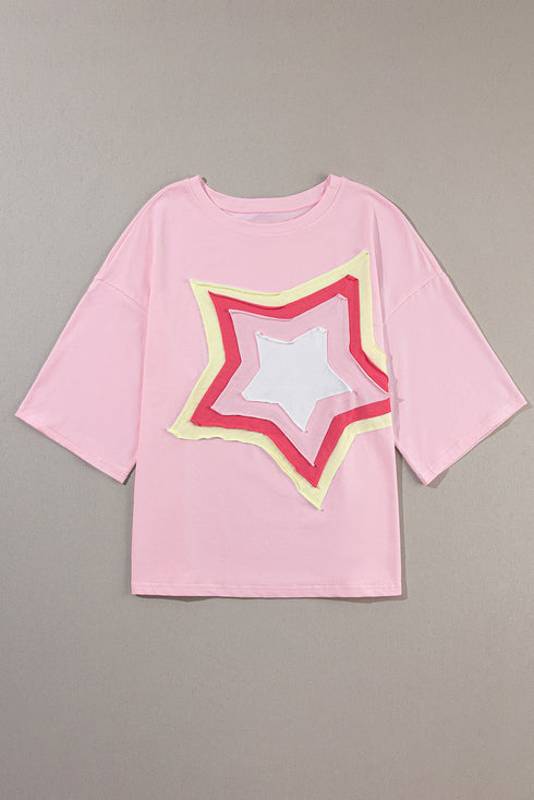 Oversized Star Applique Half Sleeve Drop Shoulder Cotton Tee
